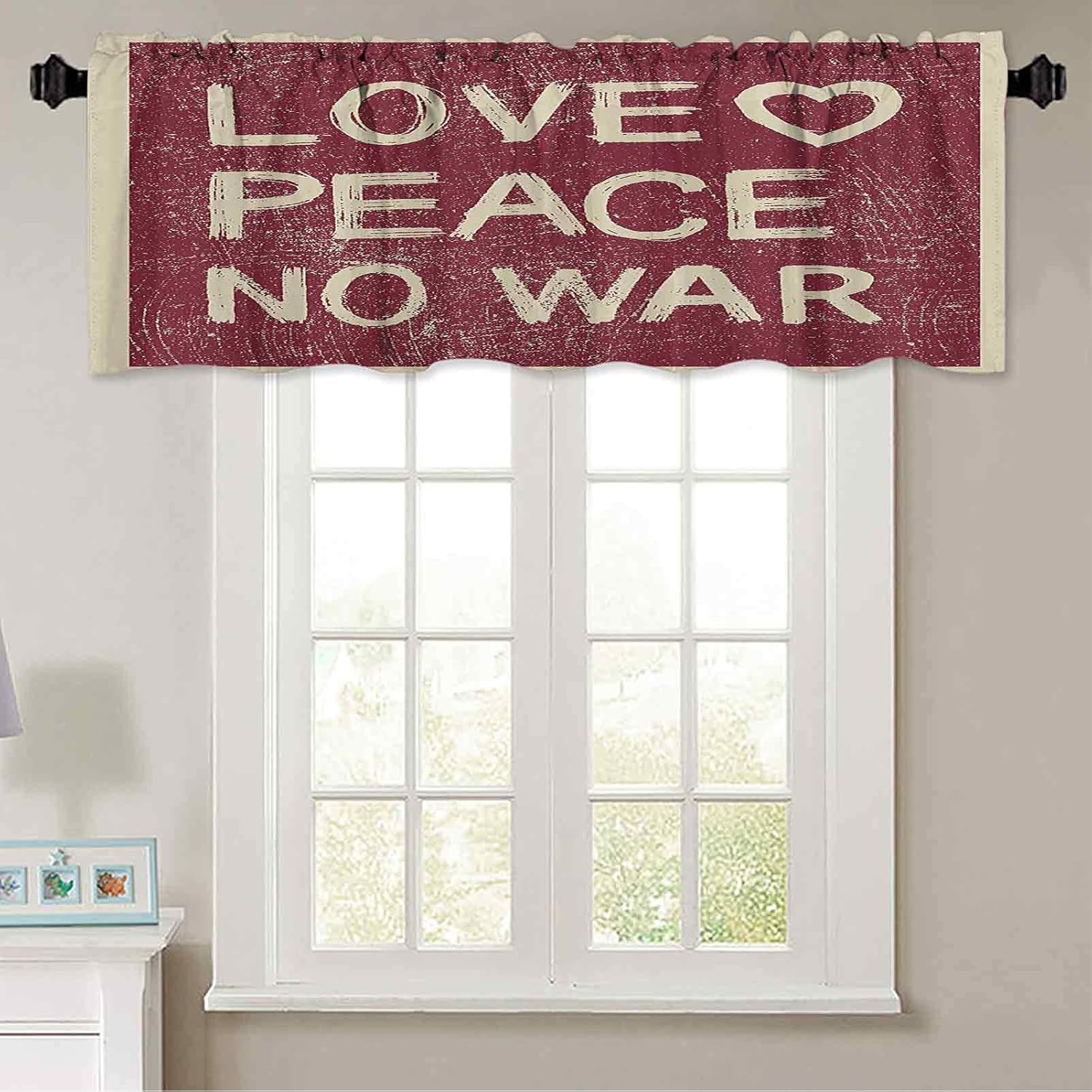 Rod Pocket Window Valance Curtains, 50" W x 18" L Love Peace No War Text Pacifist Rusty Line Political Hippie Groovy Artistic Design L Valance Curtain for Kitchen Window Burgundy