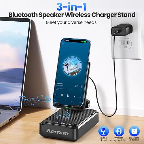 Miniatura 2 de Jteman Soporte para teléfono celular con altavoz Bluetooth y cargador inalámbrico, estación de carga de escritorio para iPhone, regalo de cumpleaños