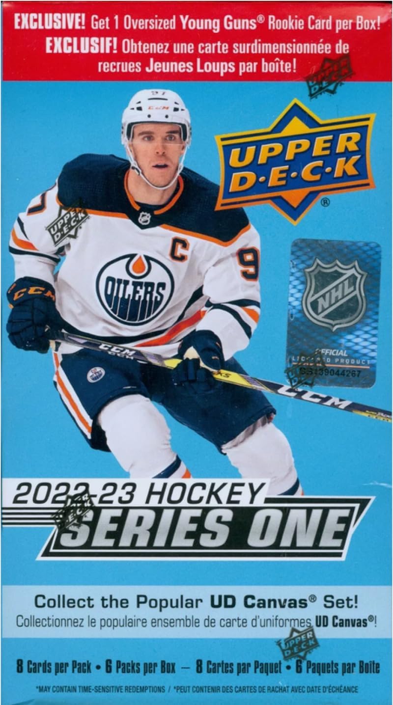 2022-23 NHL Upper Deck Series 1 Hockey Factory Sealed Blaster Box with BONUS OVERSIZED YOUNG GUN. 6 Packs of 8 Cards per Pack. See Scans for great possible inserts and hits.