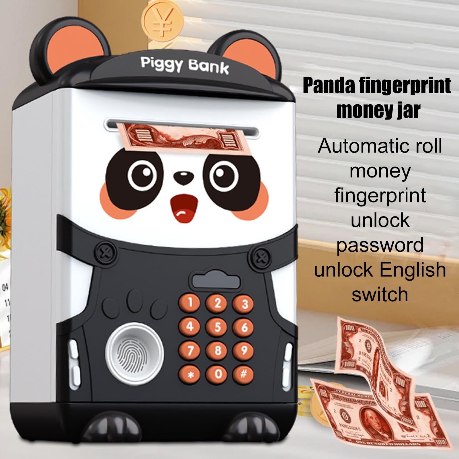 Salvadanaio Panda | Ruba Salvadanaio Mini Bancomat Elettronico per Risparmio, con Serratura a Combinazione, Armadietto per Impronte Digitali, Moneta ATM Automatico Moneta Rotolante Cartoon Salvadana