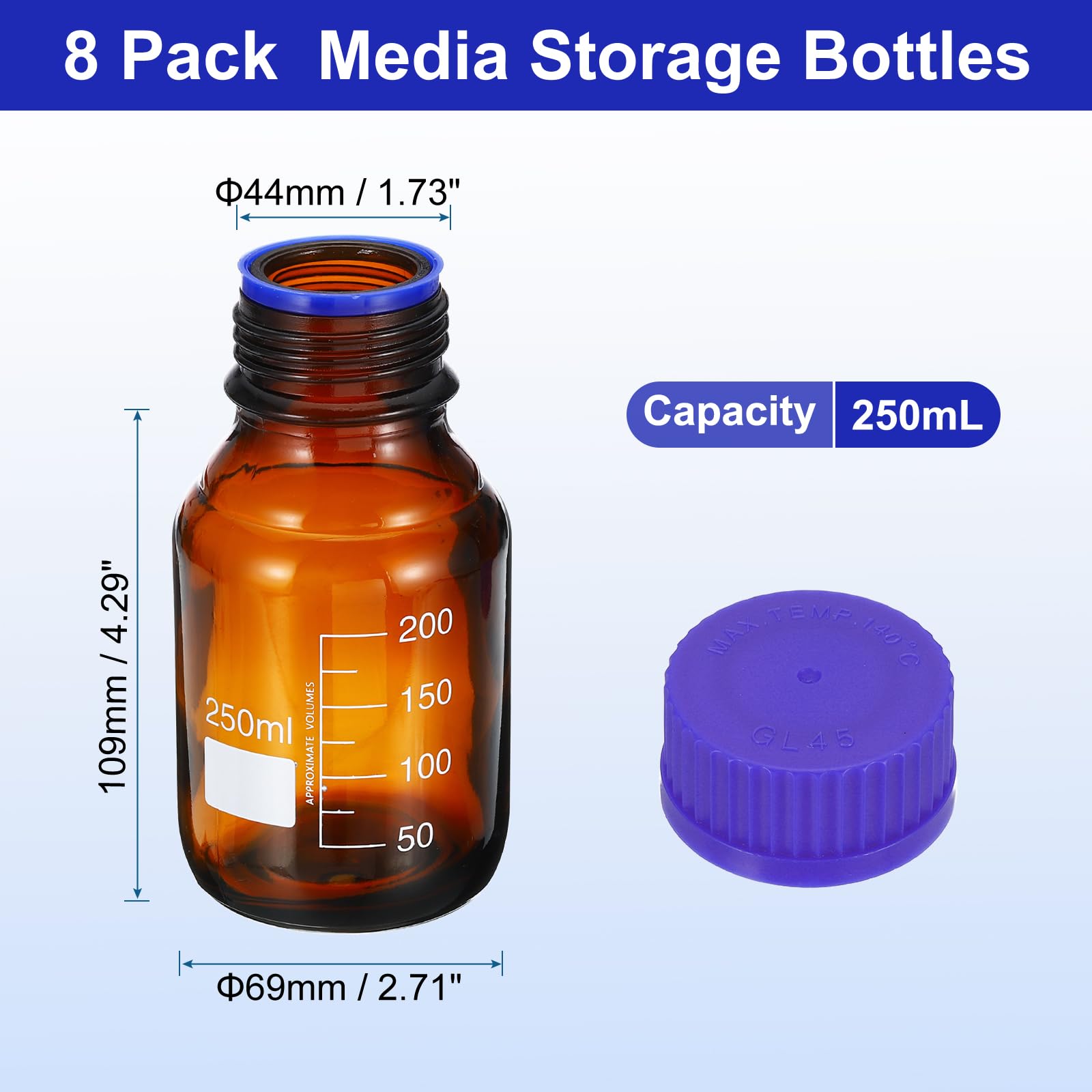 PATIKIL 8 Paquet Media Stockage Bouteilles, 250ml Borosilicate Verre Gradué Rond Bouteilles avec GL45 Bleu Vis Bouchon pour Laboratoire Eau Réactif Liquides, Marron