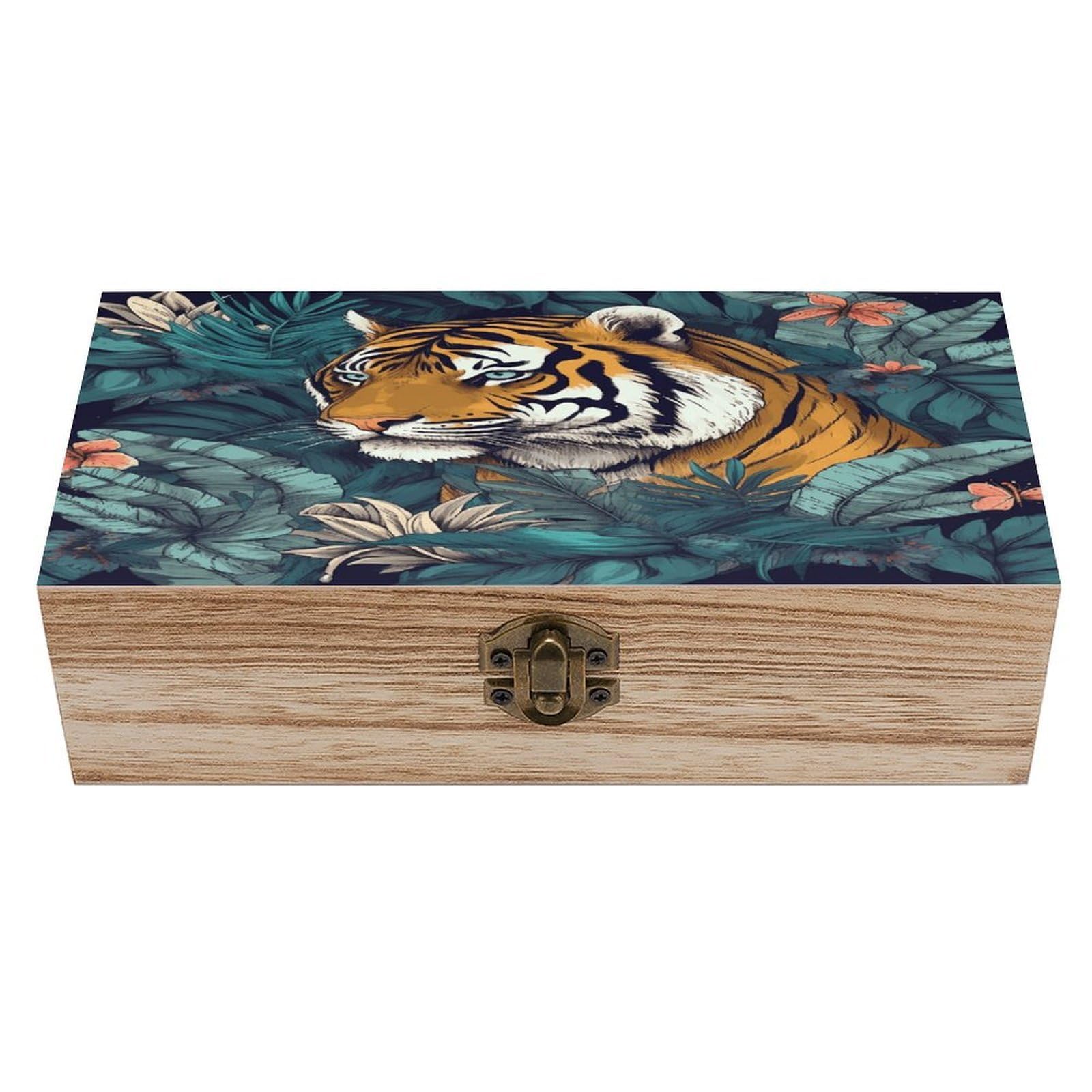 VstaDank Tropical Tiger Wooden Storage Box Wooden Keepsake Box with Hinged Lid Exquisite Solid Wood Decorative Jewelry Case Memory Box for Jewelry Photos Letters Crafts Trinkets