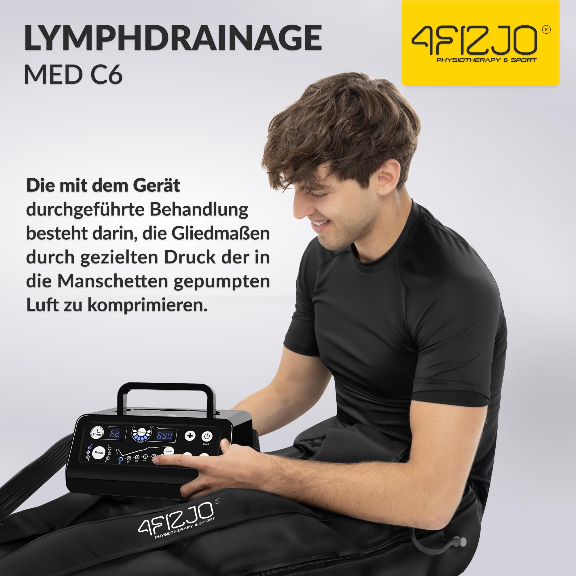 4FIZJO Lymphdrainage-Gerät MED C6, Pressotherapie, Beinmassagegerät, Für Venenrückfluss & gegen Wassereinlagerungen, Maximale Recovery & Entspannung, 30-250 mmHG, 6 Luftkammern, 6 Massageprogramme