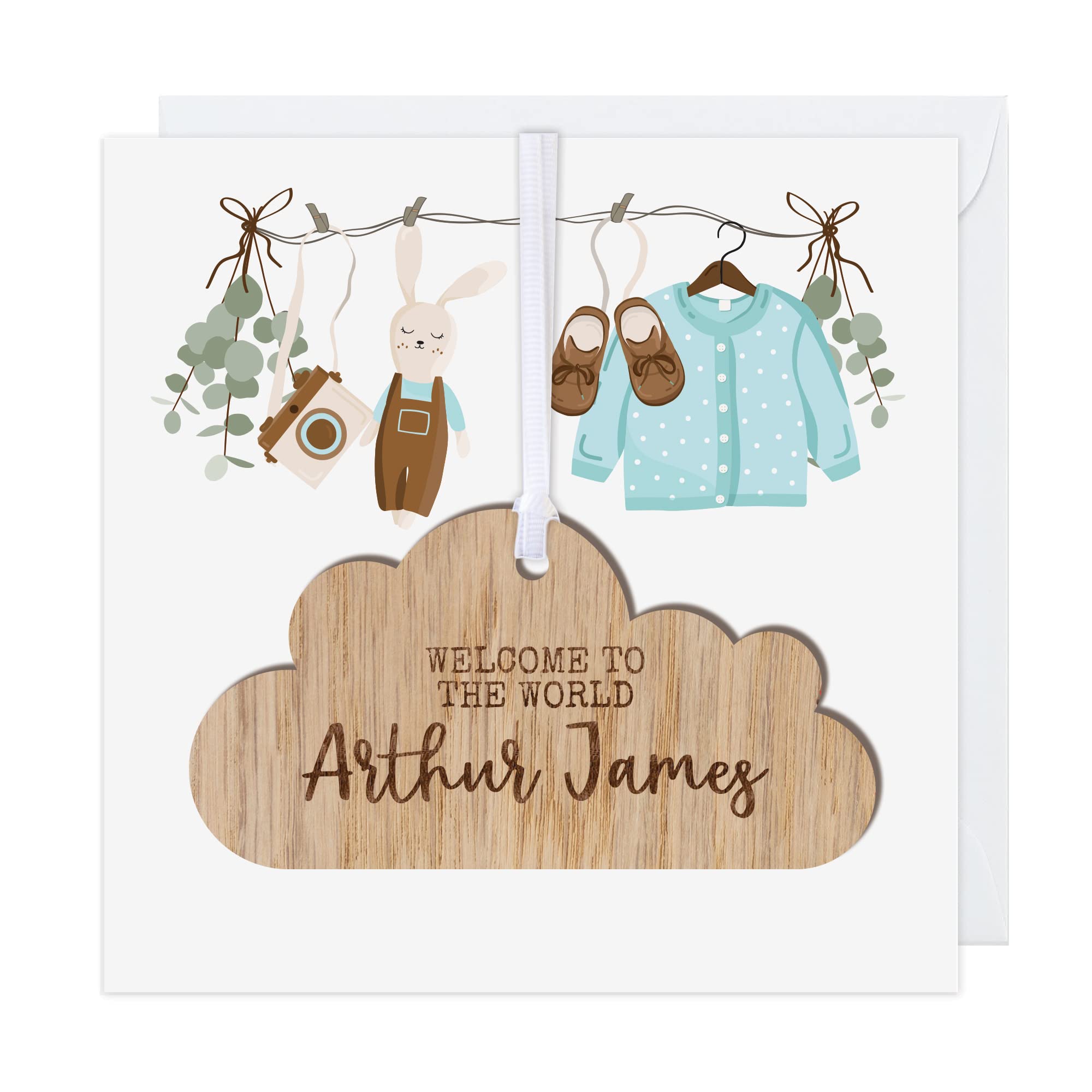 Personalised New Baby Boy Card With Wooden Hanging Cloud Plaque Keepsake - Welcome To The World Little One Gift (Blue Personalised)