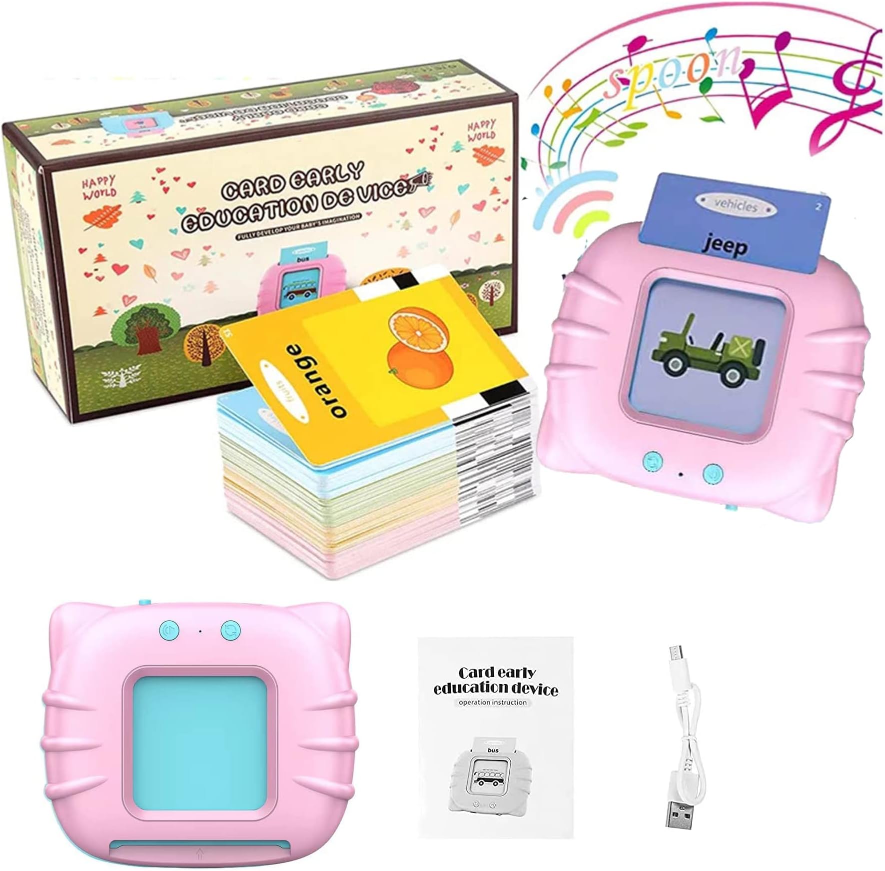 Flash Card Game for Kids Talking English Words Card Toy Preschool Learning Reading Interactive Toy for Kids, Pink