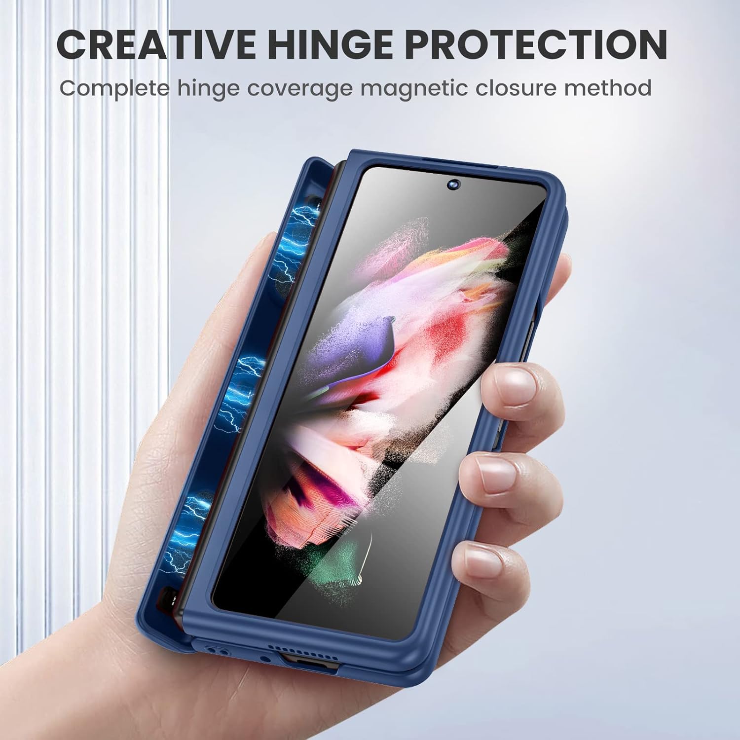 Ruky Case for Samsung Galaxy Z Fold 3 with Kickstand, Hinge Protection Cases Full Body with Built-in Screen Protector PU Leather Protective Phone Stand Case for Samsung Galaxy Z Fold 3 5G, Blue