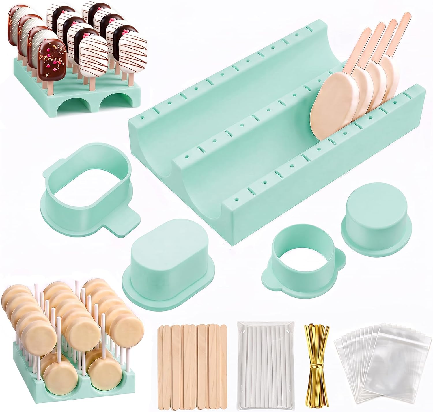 3.15in Cakesicle Cutter and Cake pop Mold Set with Display Tray, including 100 Sticks, 100 Bags and 100 ties Baking Tools for Home Baking, Birthday Parties, Baby Shower, Wedding Desserts(Turquoise)