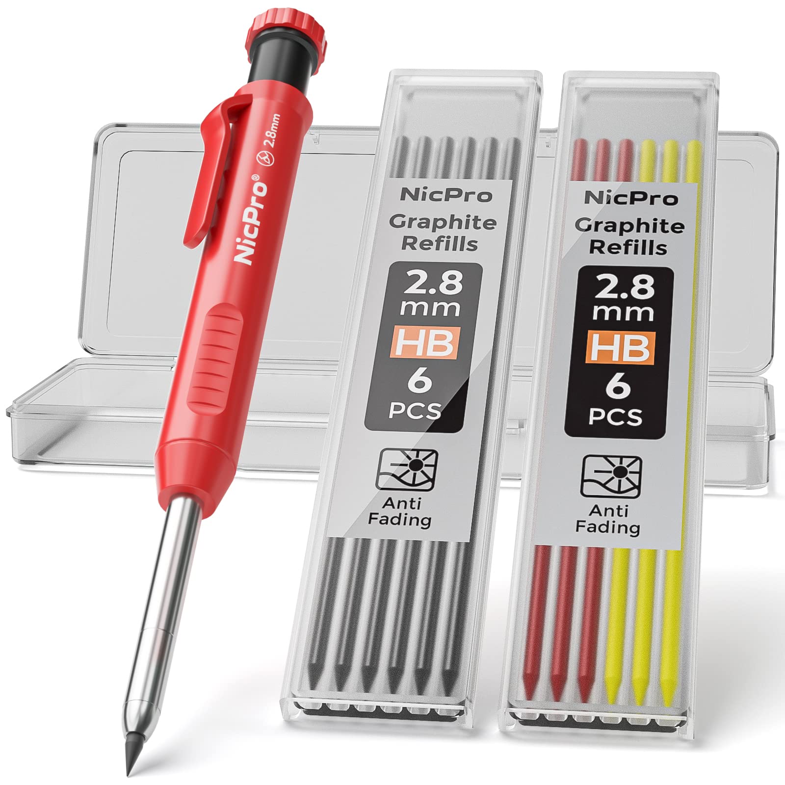 NicproCP1000 Carpenter Pencil with Sharpener, 2.8 mm Mechanical Pencils with 13 Refills, Deep Hole Marker for Construction, Heavy Duty Woodworking Pencil, Carpenter Tools for Architect Marking