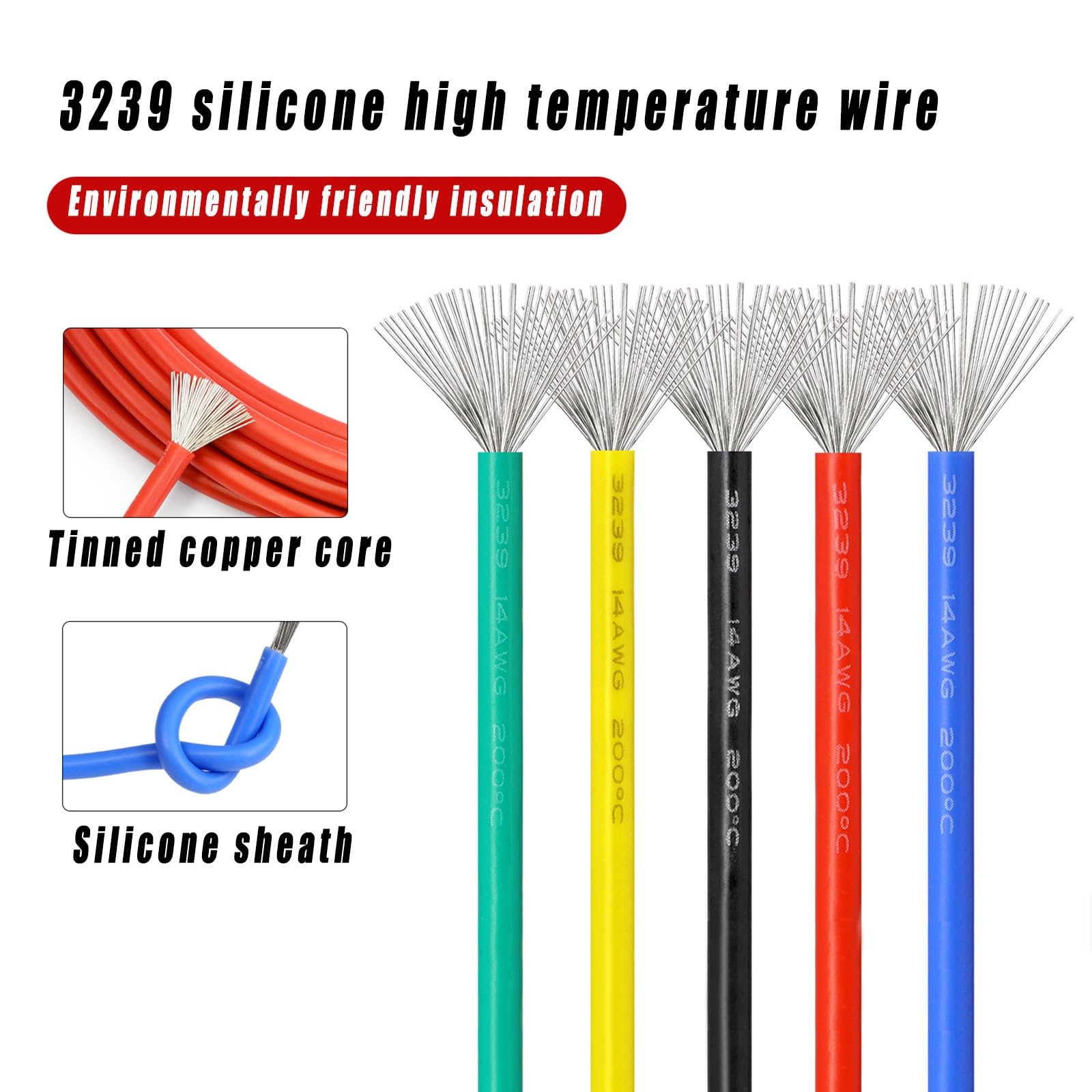 Alambre eléctrico de alta temperatura Calor, Cable de silicona cobre estañado HV HT 1 núcleo, certificado UL, 12-30 AWG, 320 pies con cinta aislante(16AWG)