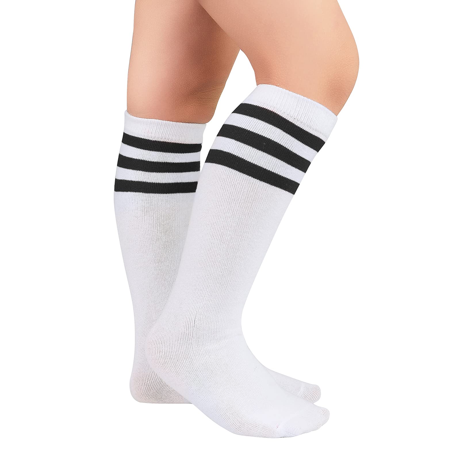 American Trends Calcetines deportivos hasta la rodilla para niños, calcetines de fútbol a rayas, calcetines de tubo para niños y niñas, 1 paquete, blanco y negro