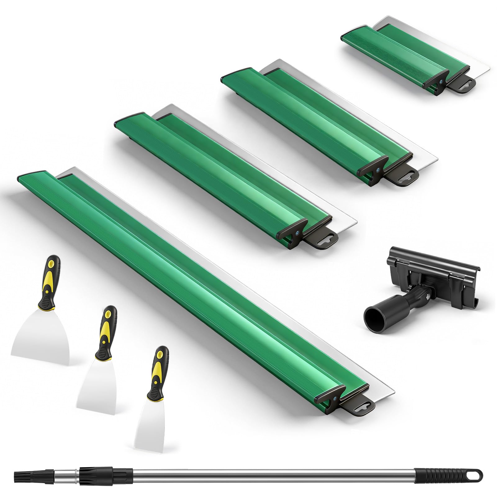 Flächenspachtel Set, Spachtel Werkzeug, Trockenbau Spachtel (25 40 60 80 cm) und 84cm-150cm Teleskopstange - Glättungsspatel-Kit mit 3 Malerspachtel für Verputzen von Wänden & Decken, Tapeten