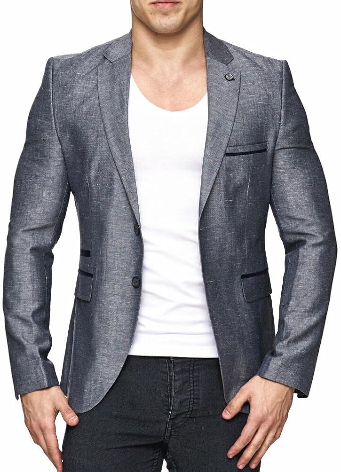 Amazon テーラードジャケット メンズ ブレザー シャンブレー ミディアムグレー ビジネス ジャケパン 背抜き 春夏 48 M コート ジャケット 通販