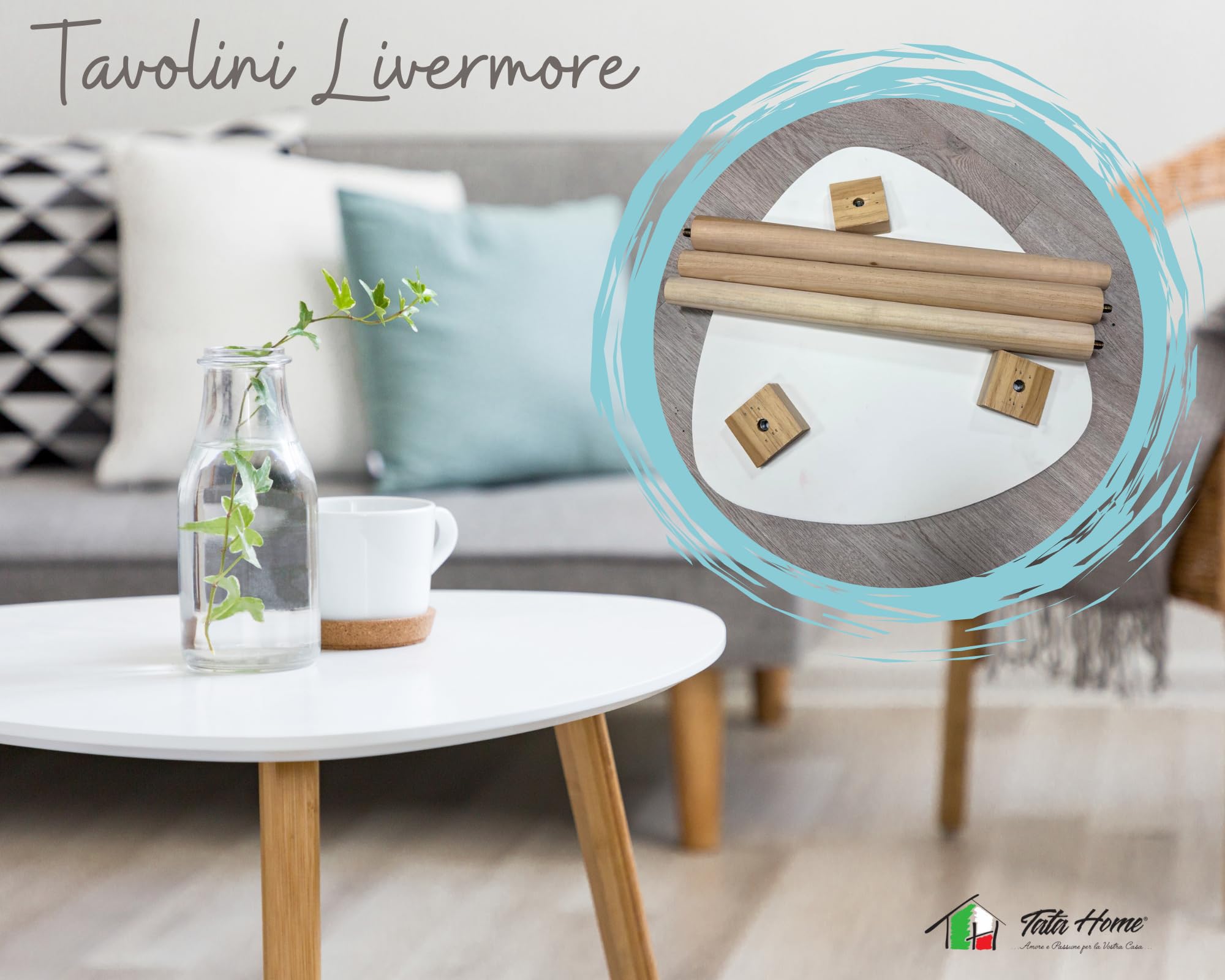 Tata Home Set Tavolini da Salotto Sovrapponibili a Triangolo Tavolini da Caffè con Gambe in Legno di Pino Stile Scandinavo Colore Bianco e Naturale Mod. Livermore