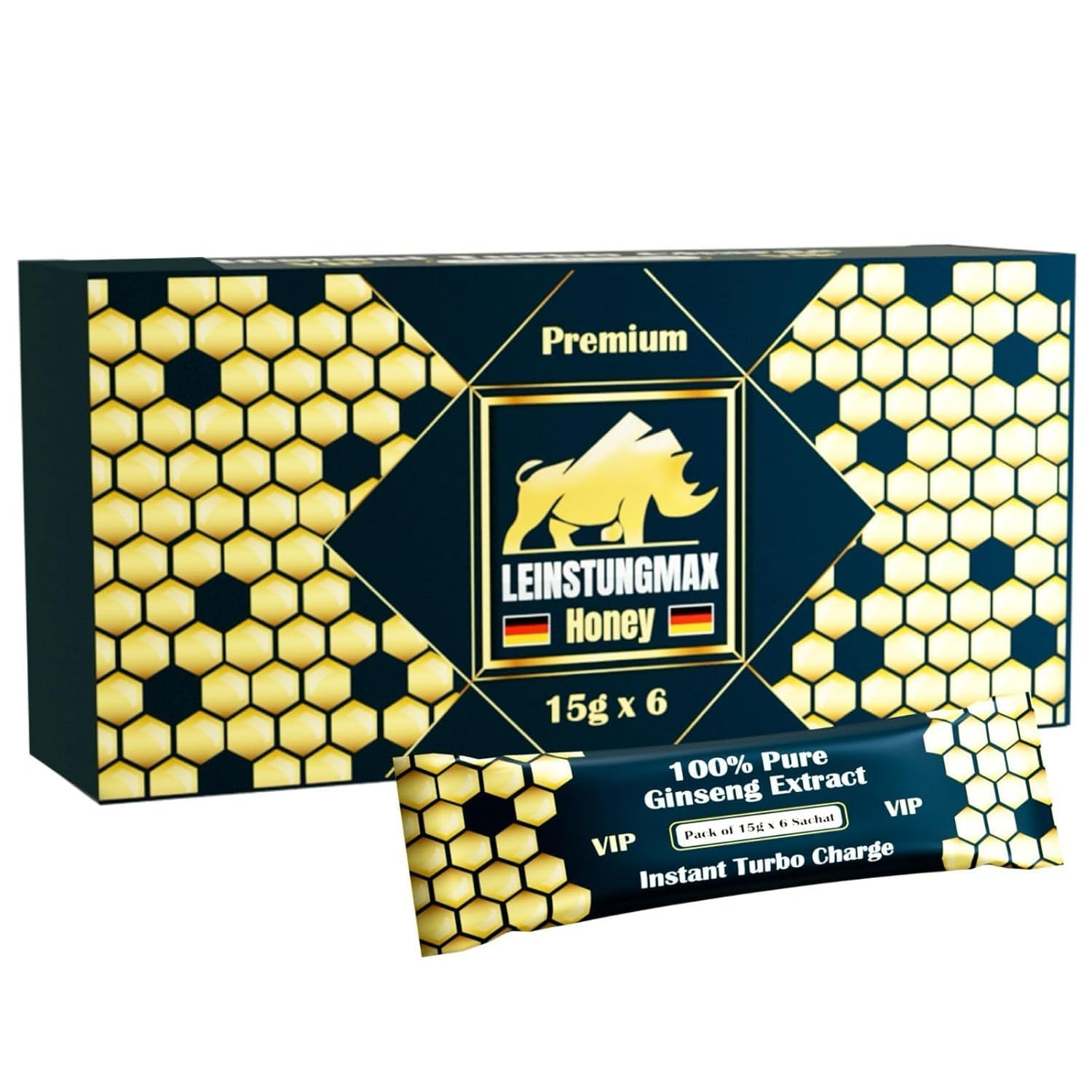 Leinstungmax Honig – Nahrungsergänzungsmittel mit Honig, Ginseng, Pflanzenextrakten und Vitamin B1 + B2 | 6 Portionsbeutel à 15 g Für aktive Männer