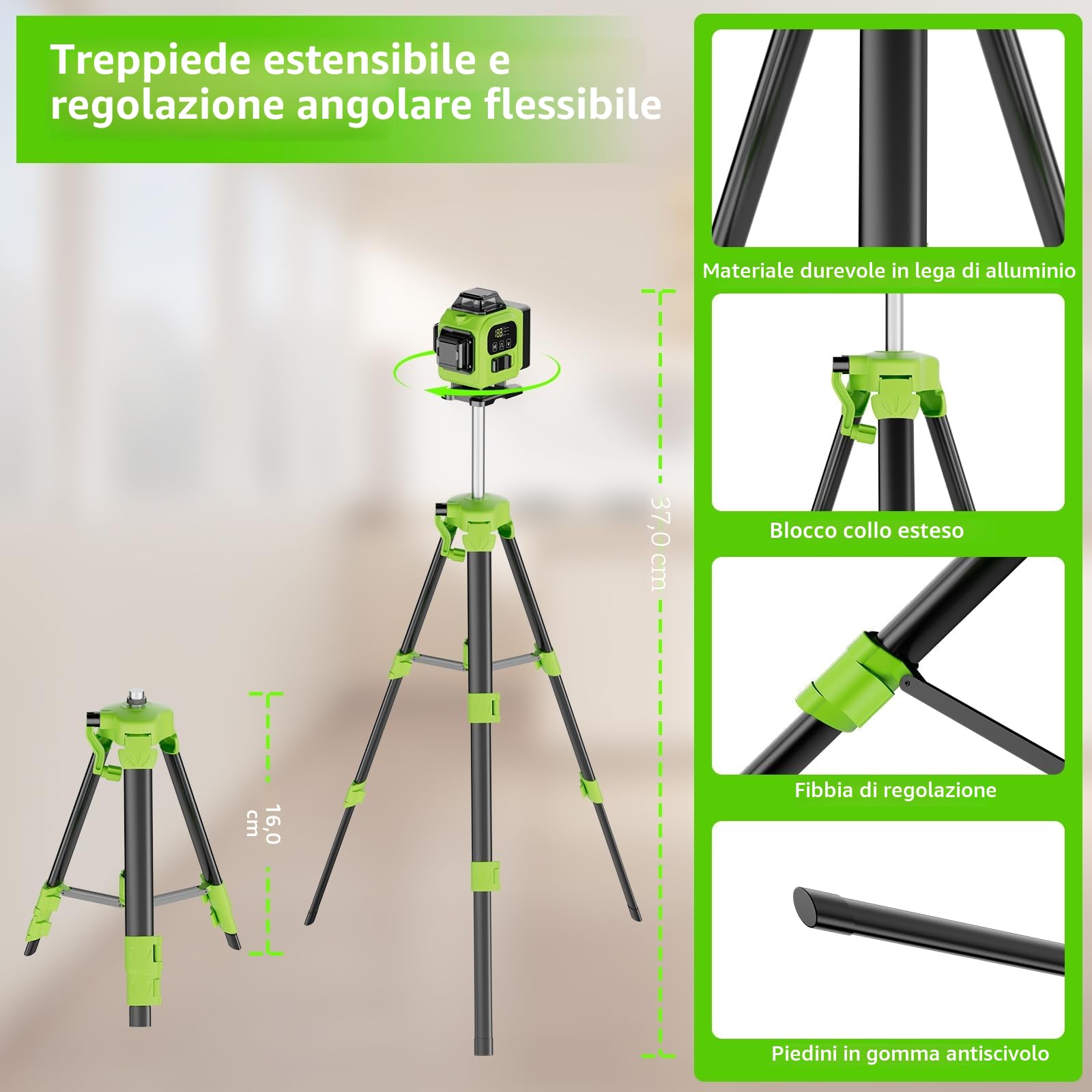 Livella Laser Autolivellante 16 Linee, 4 X 360 °Livello Laser Autolivellante Verde, 2 x Batterie, Autolivellante, Supporto rotante, Telecomando Cabina di rilevamento