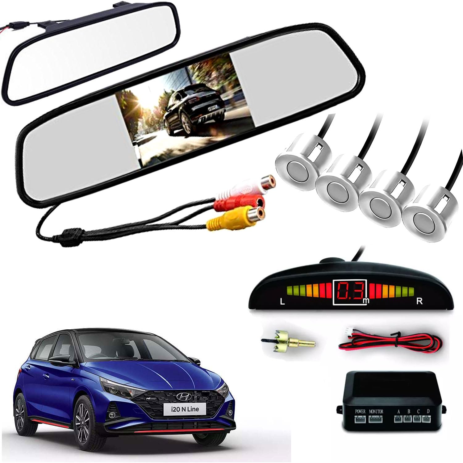 Auto Pearl 4.3 Inch TFT LCD Rearview Mirror Parking Video System with 16.5 MM for Reverse HD Camera, 4 White Parking Sensors Compatible with i20 N line-2020-image-24
