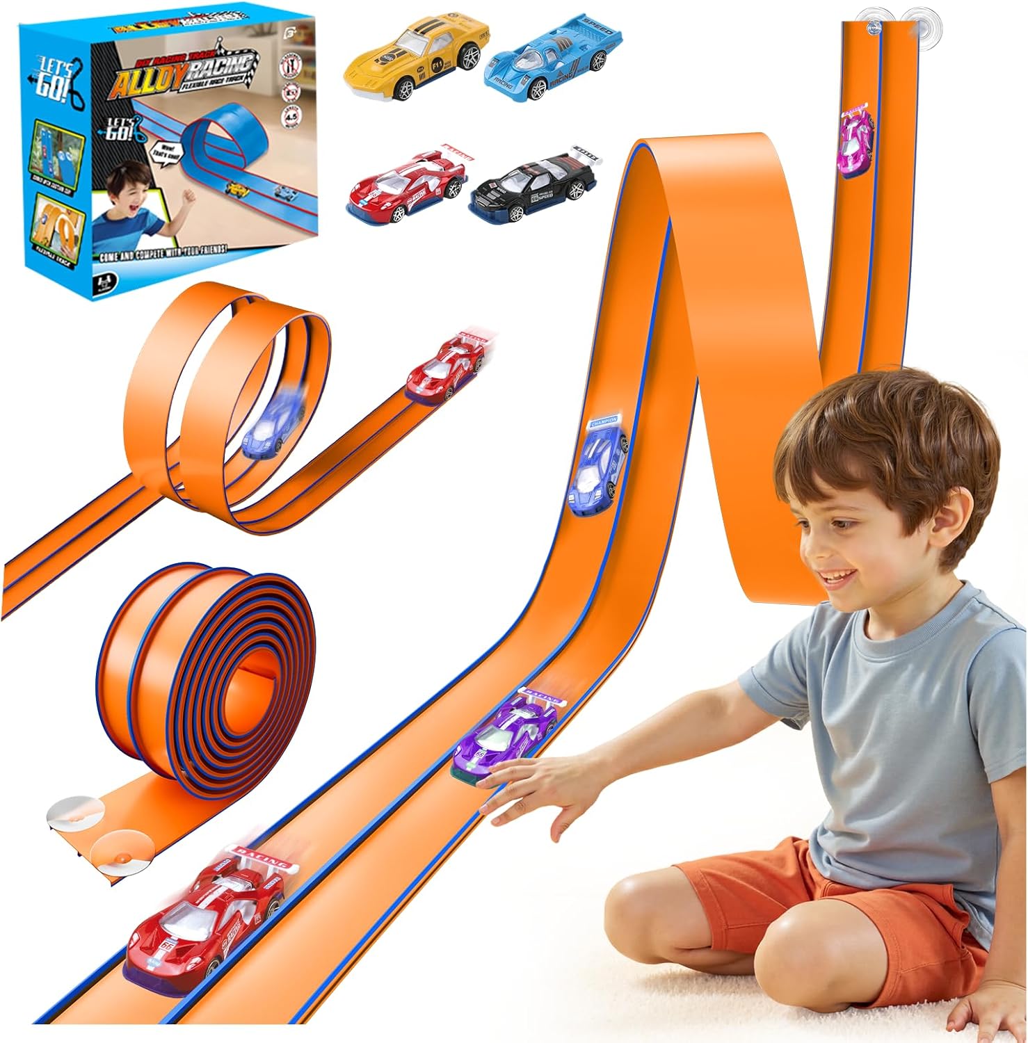 Upgrade Flexible Race Track for Kids, 15 Ft Flex Race Car Ramp Track with 4 Cars & Suction Cups - Compatible with Diecast 1/64th Cars, Car Tracks Toys for Kids Boys Girls Ages 3 4 5 6+ (Orange)