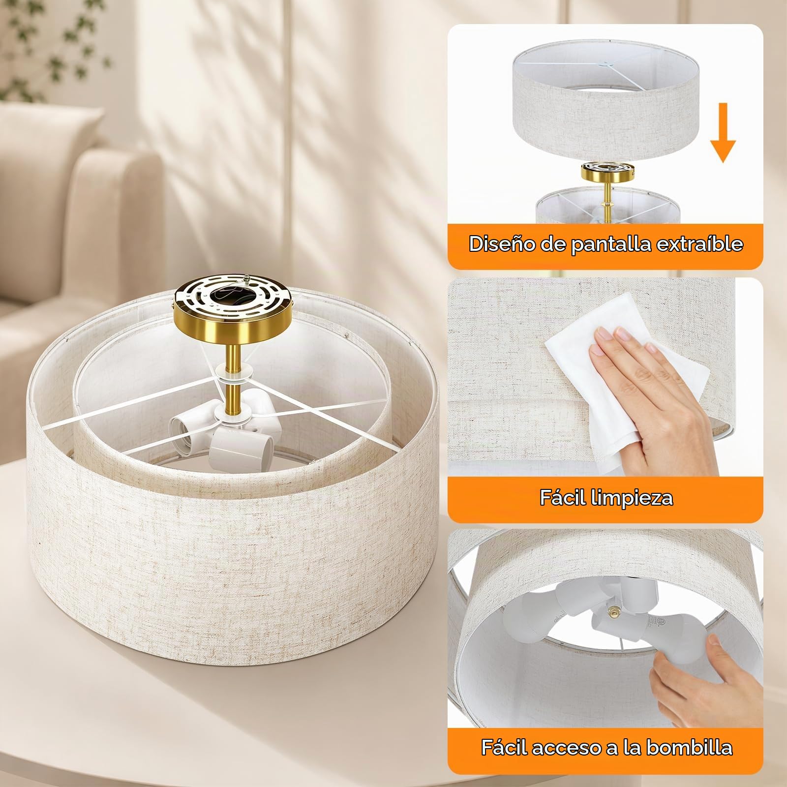 OUTON Plafón de Techo con Pantalla de Tela, 3 Luces, Dorado, Ø 40,6 cm | Doble pantalla de lino con difusor interior, 3 casquillos E27, compatible con bombillas regulables, para espacios interiores