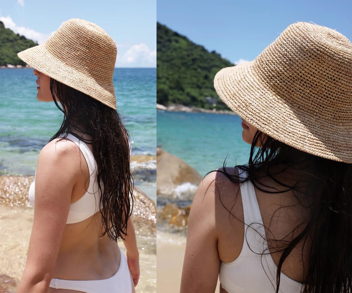 KORADI Women Raffia Beach Hat Natural Raffia Straw Bucket Hat Handwoven Foldable Sun Hats Wide Brim Summer Travel Cap
