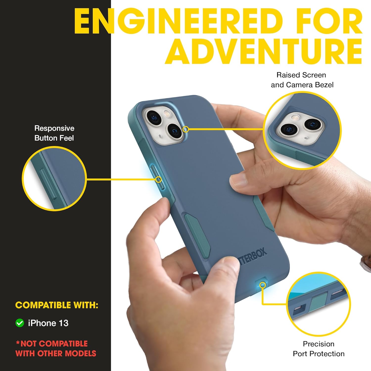 OtterBox iPhone 13 (Only) – Commuter Series Case – Thin, Dual-Layer, Pocket-Friendly, Port Cover – Blue/Teal