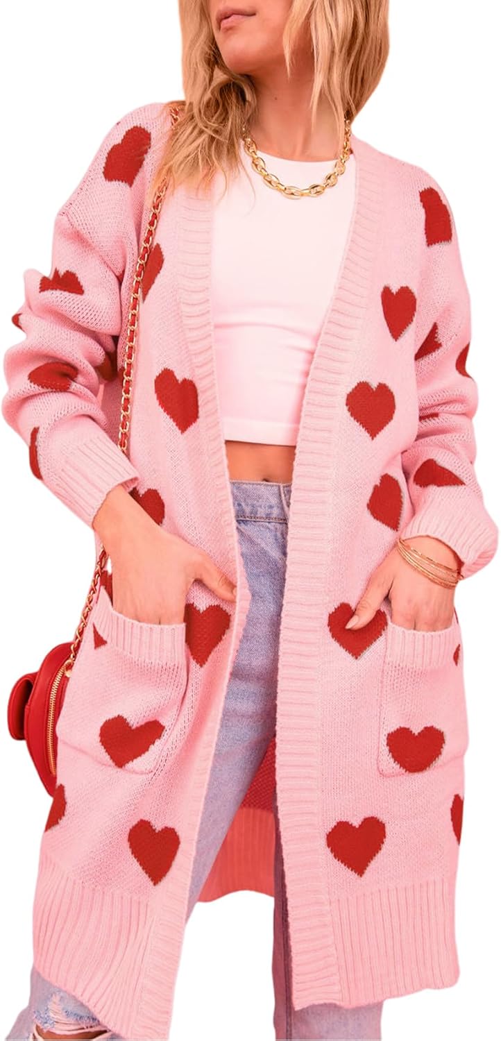 Wyeysyt Women Valentines Sweaters Heart Cardigan Long Chunky Knit Cardigan Sweaters