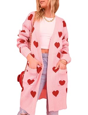 Wyeysyt Women Love Heart Cardigans Sweaters Open Front Long Chunky Casual Knit Pocketed Cardigan Sweaters