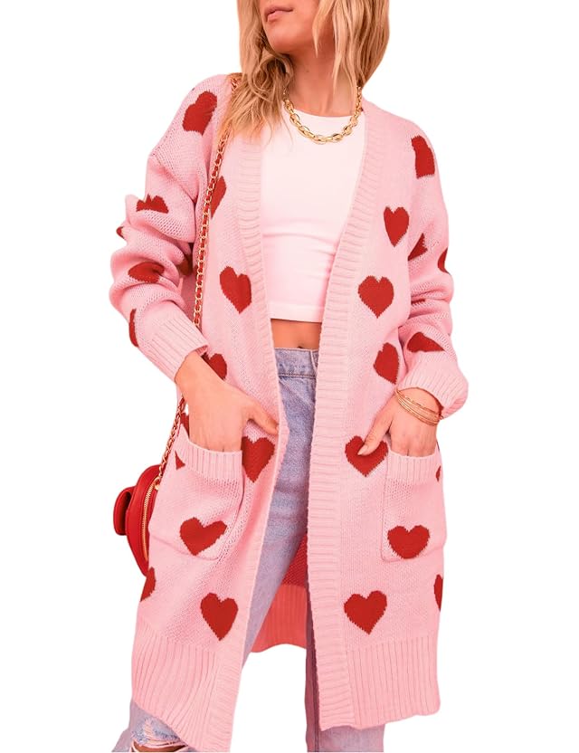 Wyeysyt Women Love Heart Cardigans Sweaters Open Front Long Chunky Casual Knit Pocketed Cardigan Sweaters