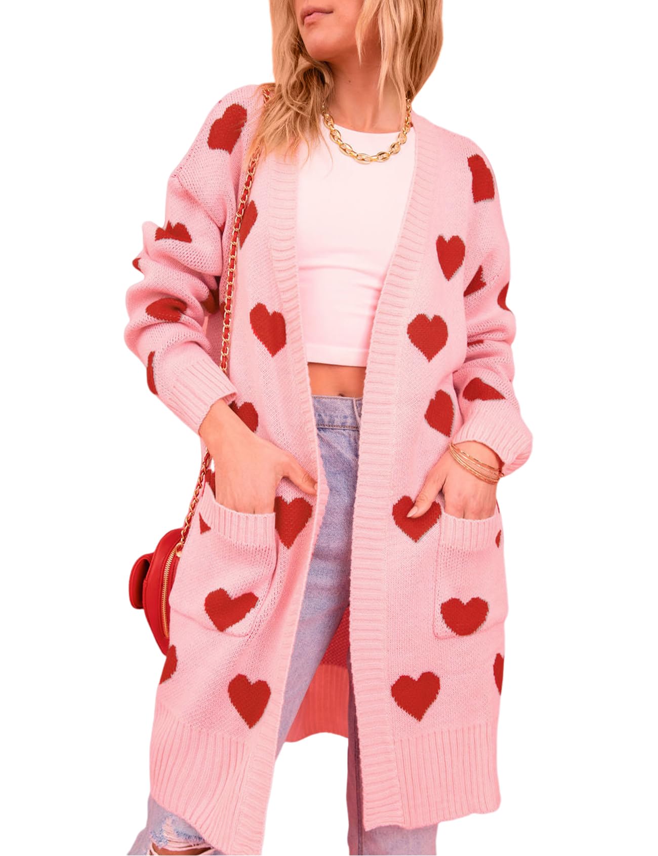 Wyeysyt Women Love Heart Cardigans Sweaters Open Front Long Chunky Casual Knit Pocketed Cardigan Sweaters