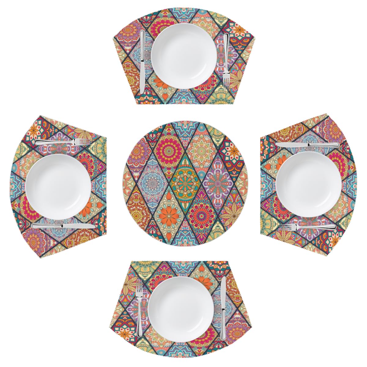 Wedge Placemats Set of 4 Colorful Mandala Geometric 4 Wedge Table mats and 1 Round Place mat Heat Resistant Non-Slip Washable Dining Table for Kitchen