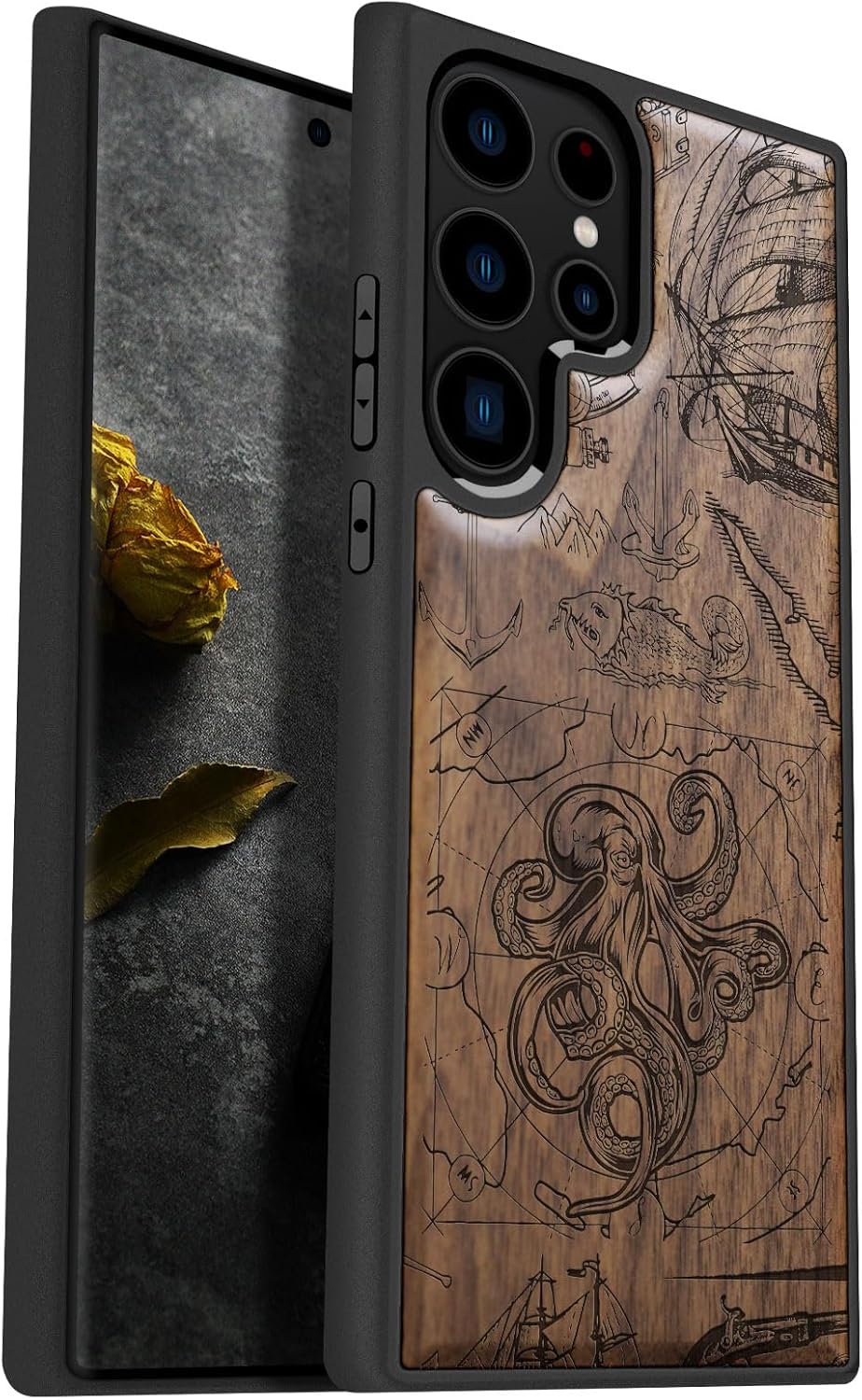 Carveit Wood Case for Galaxy S23 Ultra Case [Natural Wood & Black Soft TPU] Shockproof Protective Cover Unique Wooden Design Compatible with Samsung S23 Ultra (Vegvisir-Blackwood)
