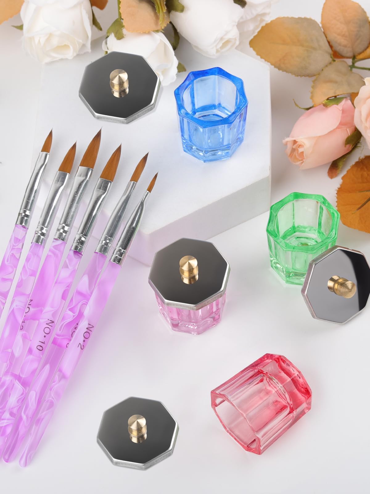 EBANKU 10PCS Acrylic Nail Brush & Dappen Dish Combo Set - 6 Professional Nail Brushes 4 Sealed Glass Crystal Dishes with Lids UV Gel Acrylic Powder Liquid Cup Holder for Salon Home Manicure Design - Image 2