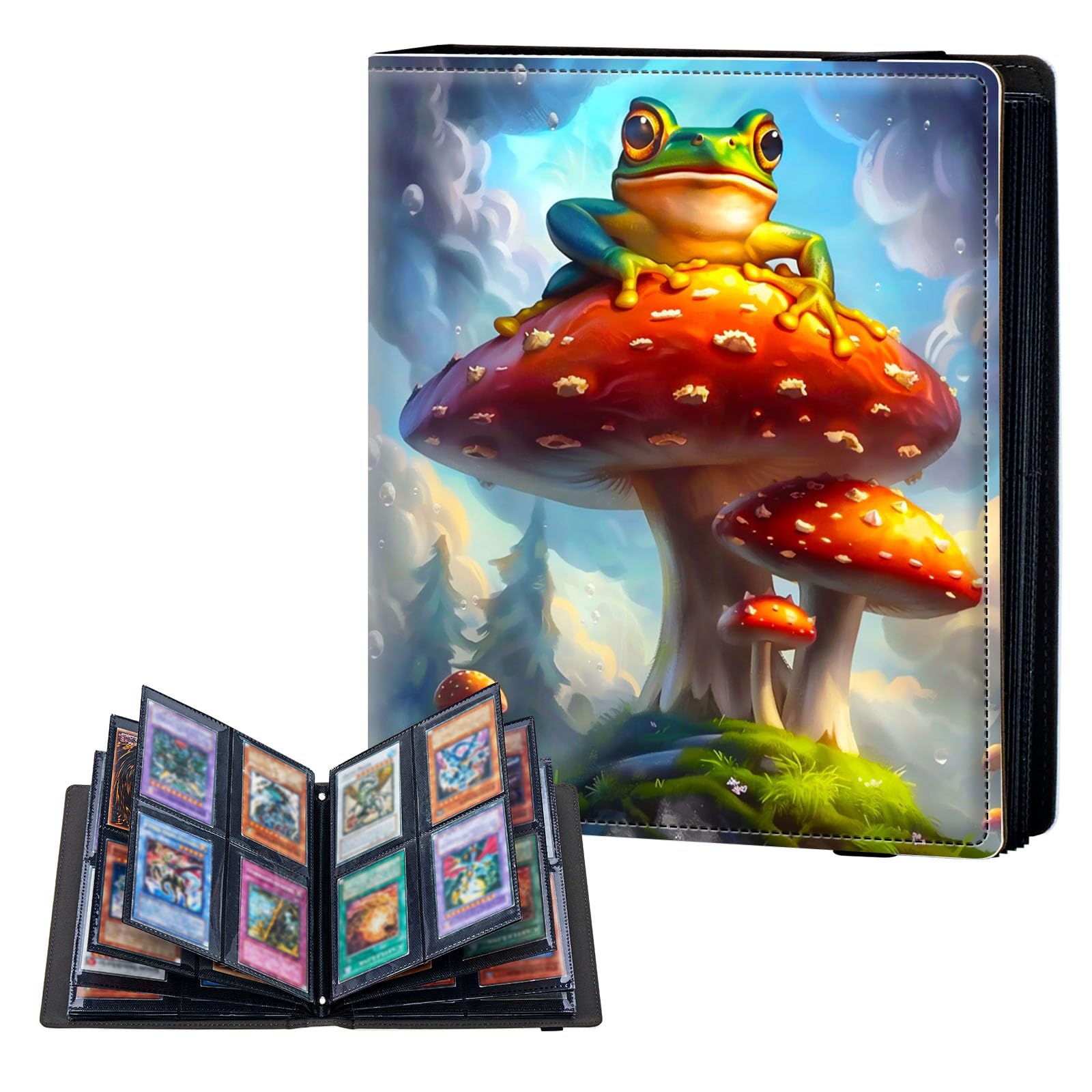 ETLKJVBL 4 Pocket Trading Card Binder, Card Collection Binder for TCG, MTG, Sports Cards, Baseball, Frog Sitting on Mushrooms Trading Card Book Holder for Collectors, Top Loader Binder — image 1
