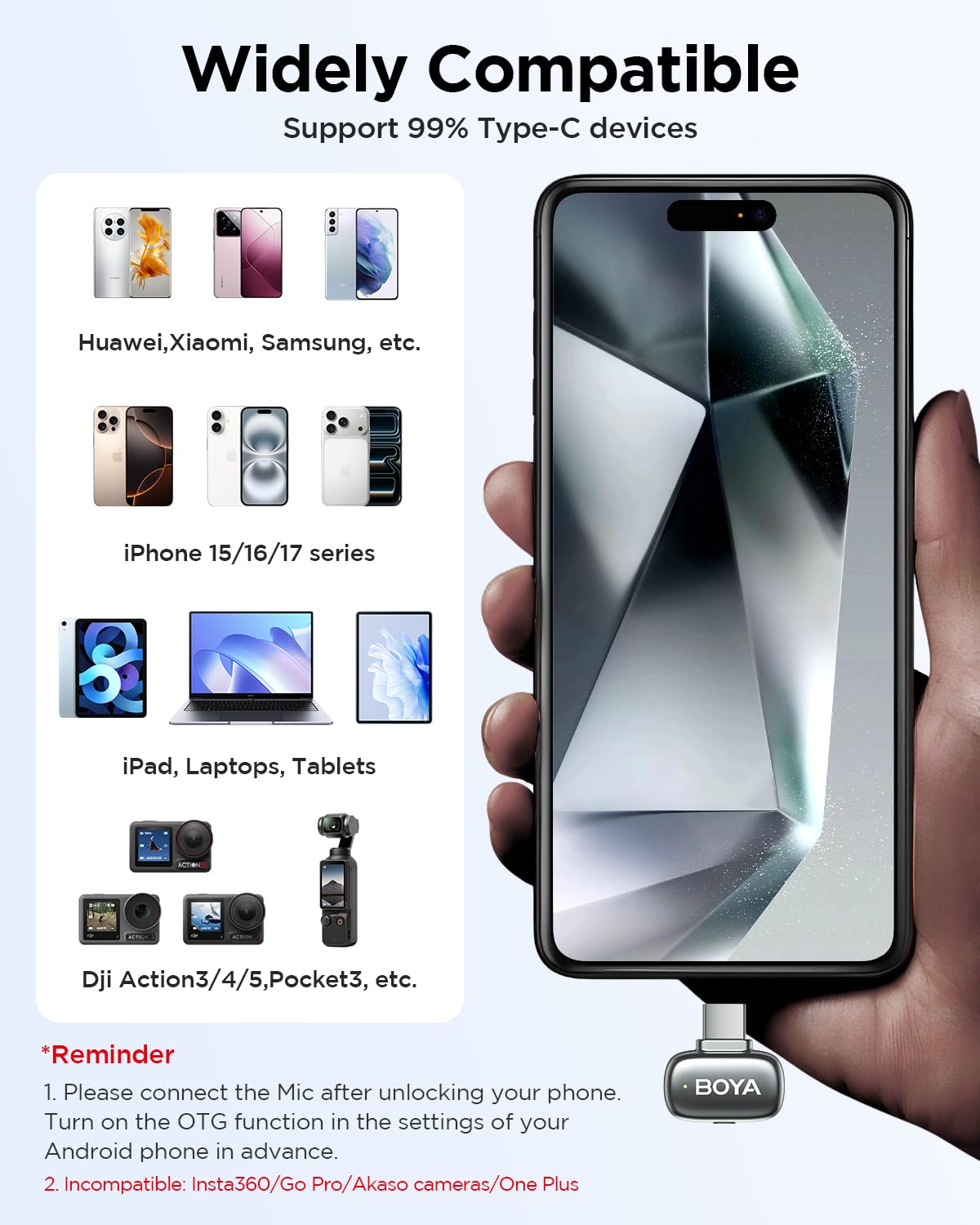 BOYA Mini 2 Micrófono Inalámbrico, Micrófono de Solapa con USB-C y Cancelación de Ruido, Micrófono Lavalier Teléfono Móvil Compatible con iPhone 15/16/17/Smartphones Android para Creadores de