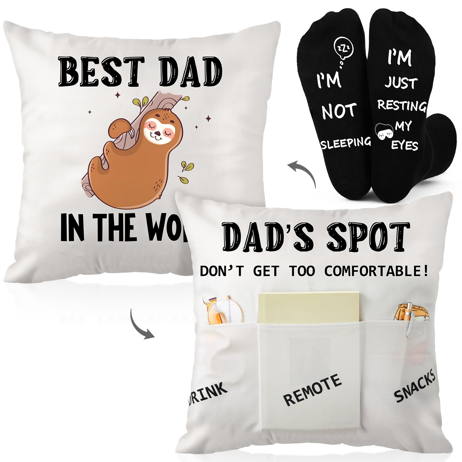 Neer Dad Gifts Set for Father's Day Include 45 x 45 cm Cushion Cover Double Sided Throw Pillow Cover with Pockets, Black Socks Presents for Men Daddy Birthday Funny Gifts from Daughter Son