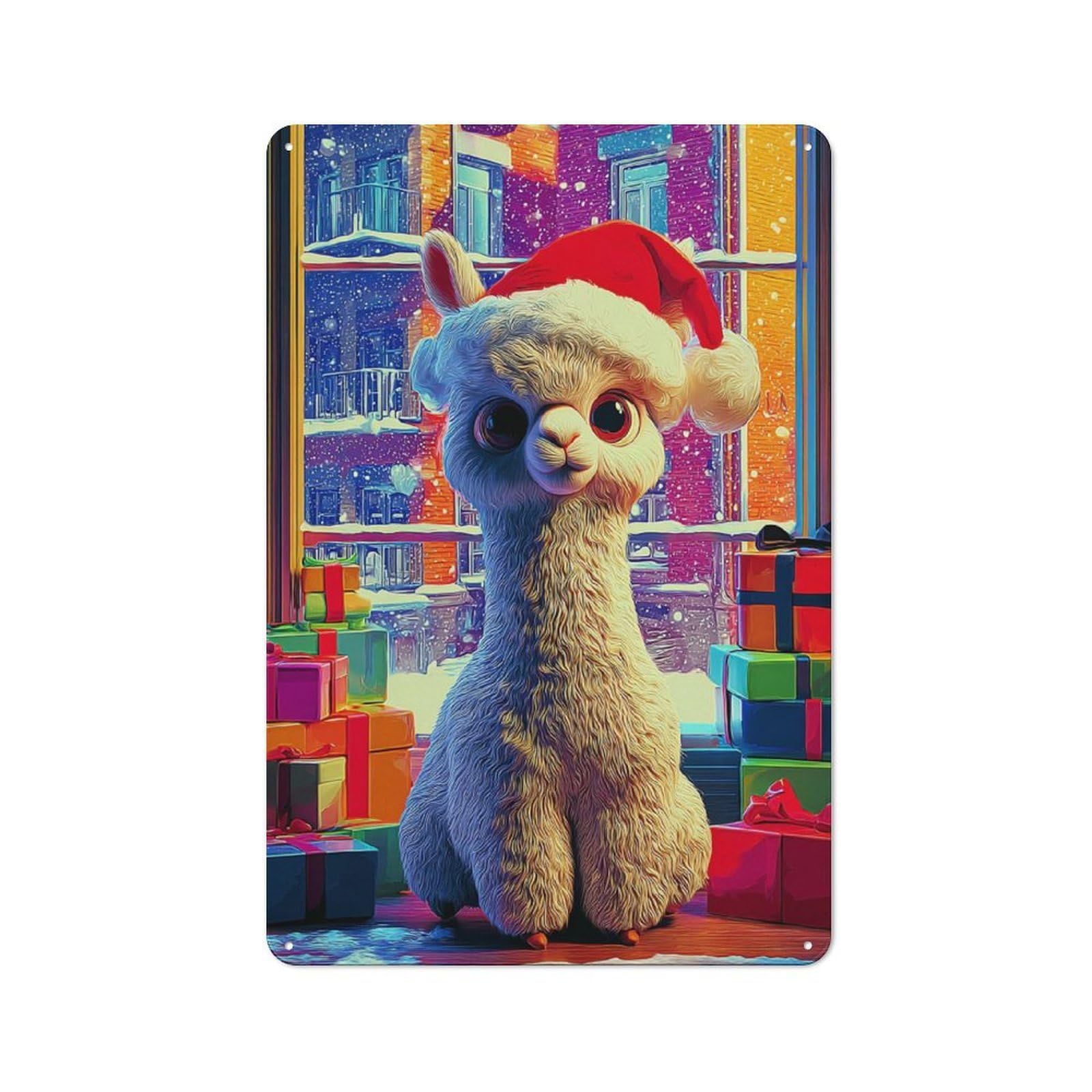 Junmoney Christmas Llama With Presents -3 Modern Retro Metal Wall Decor 30X20cm, Metal Wall Sign For Loft, Studio, Office Or Creative Room