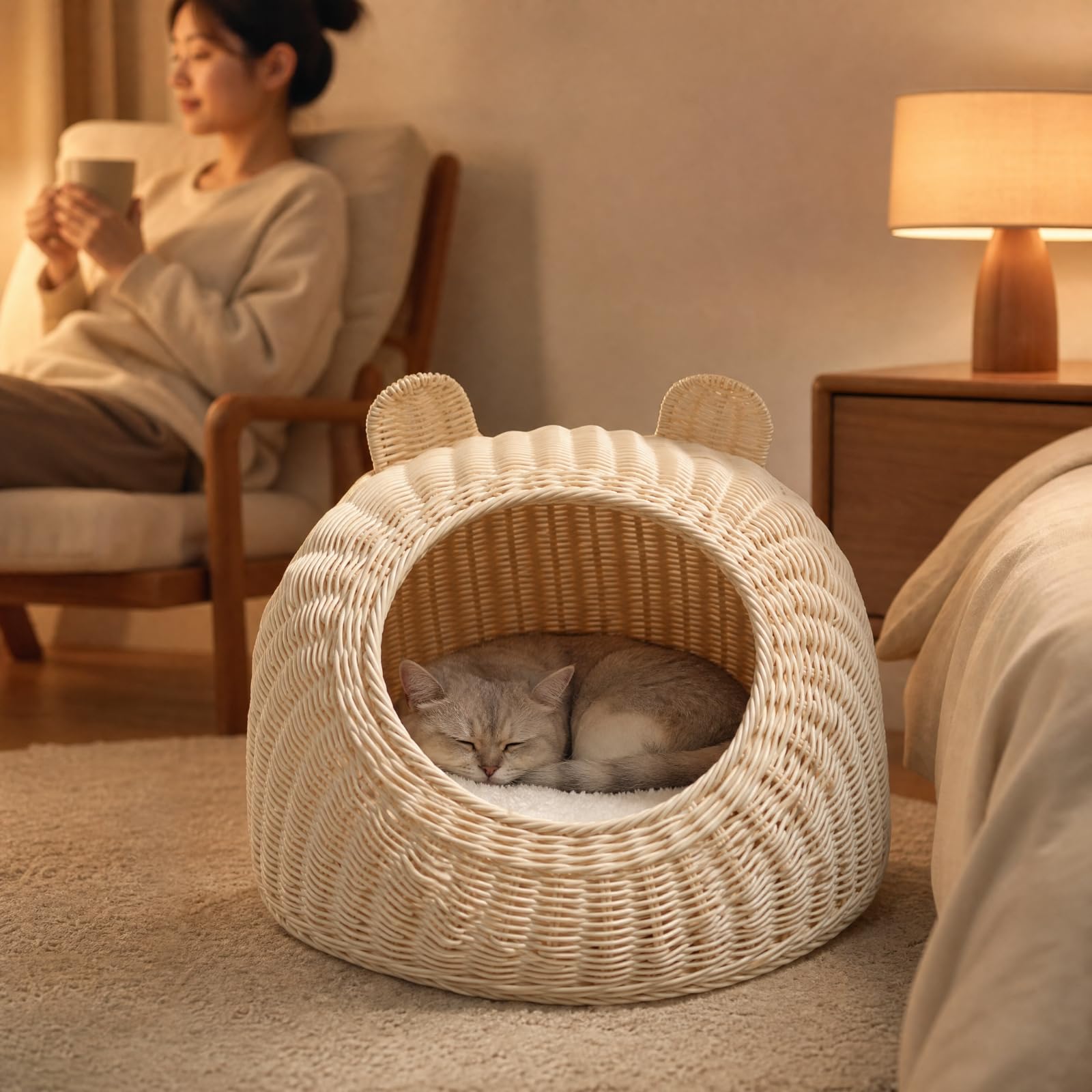 Handgeflochtenes Tierbett mit Ohren-Details Handgeflochten Katzenkorb mit Kissen Katzenbett für Besitzer Kleiner Kleintiere, Terrasse, Offweiß, M