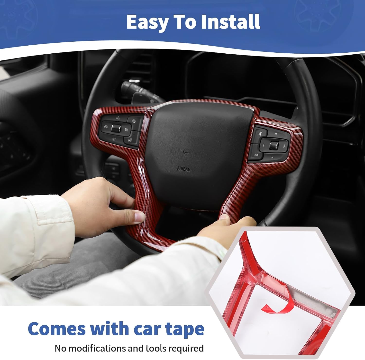 RT-TCZ for Silverado Steering Wheel Panel Trim for Chevy Suburban 2020 Up Tahoe 2021 Up Silverado 2019 Up Red Carbon Fiber Interior Accessories