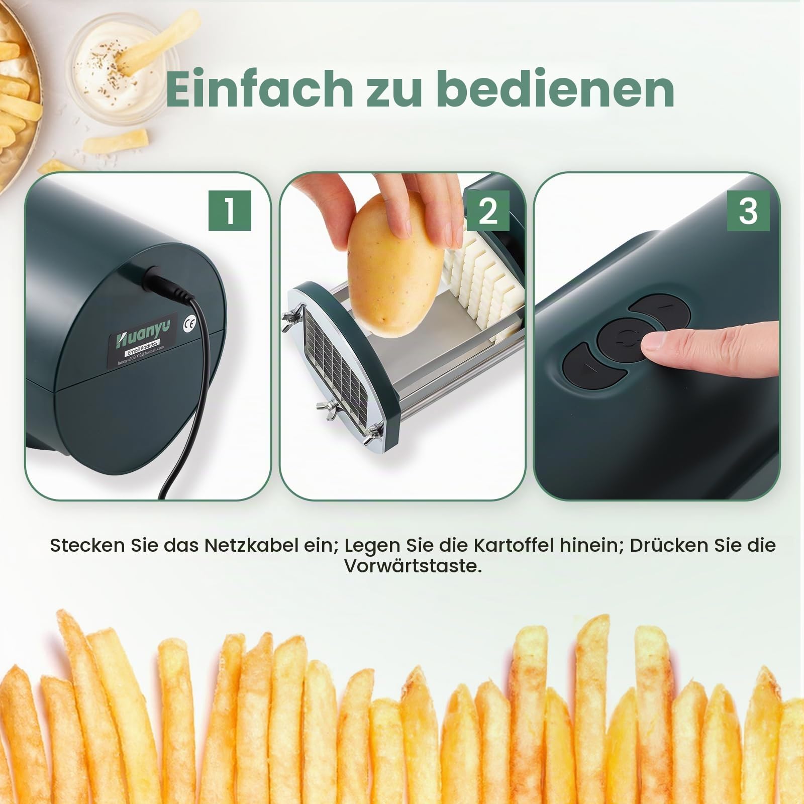 Huanyu Elektrischer Pommes-Frites-Schneider Elektrischer Kartoffelschneider mit 2 Klingengrößen Multifunktionaler elektrischer Gemüseschneider für Kartoffeln, Karotten und Gurken (Grün)