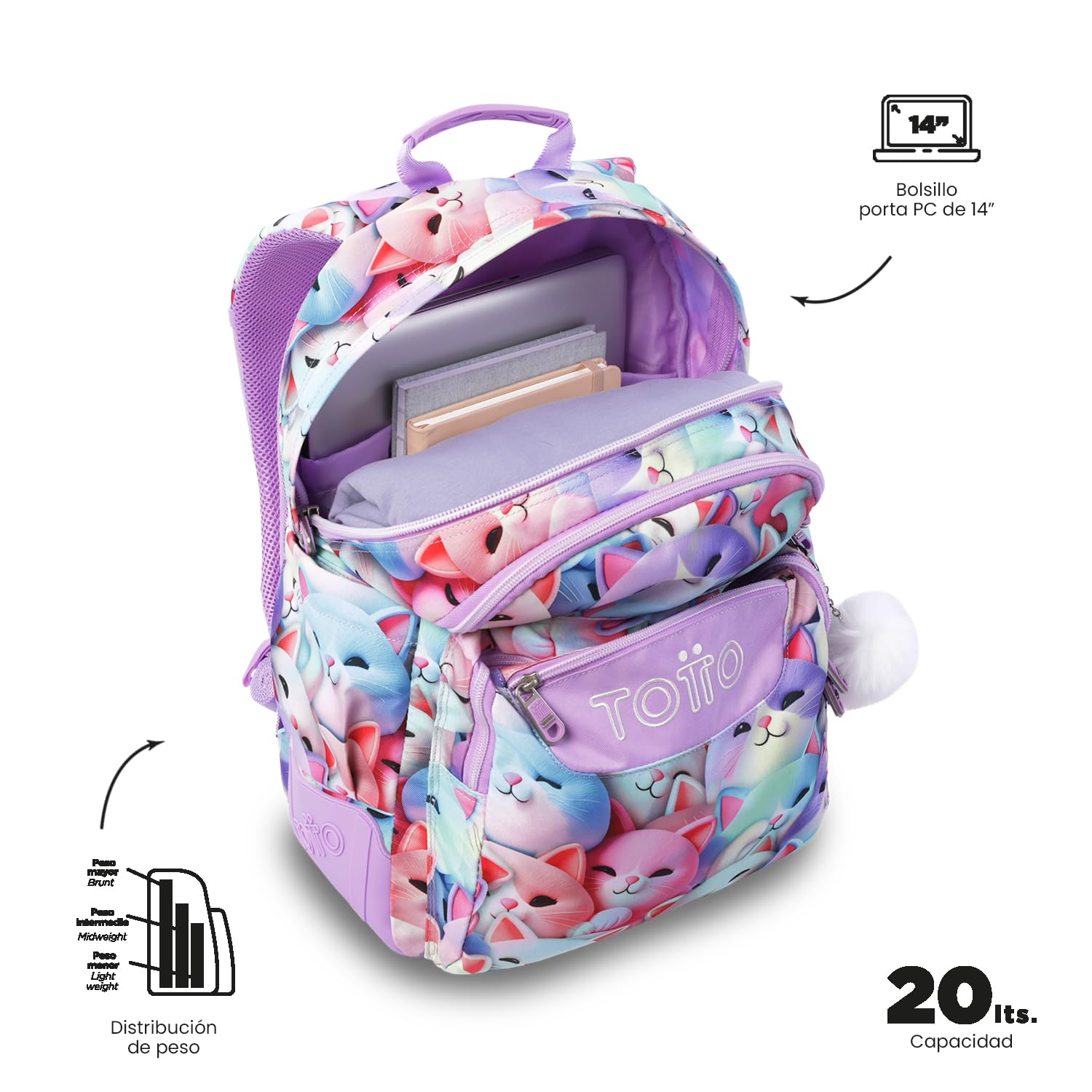 TOTTO - Mochila Escolar Grande, Modelo Rayol, Capacidad 19 L, 3 Compartimentos, 2 Bolsillos Botella, Bolsillo para PC 14", Espaldar Ergonómico con Flujo de Aire, Correas en S, Estampado Mewsy 3D