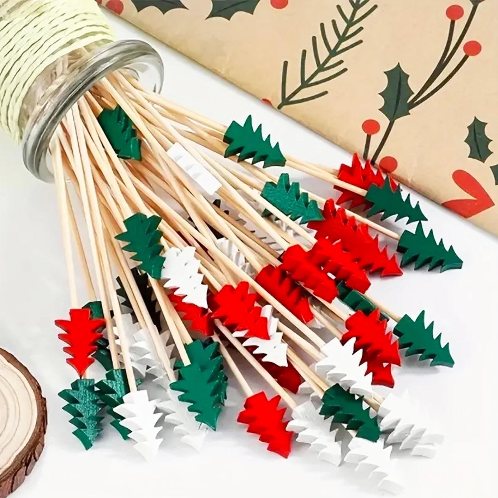 Christmas Cocktail Picks, Xmas Tree Fancy Toothpicks for Appetizer, 100Pcs 4.7inch Long Decorative Bamboo Toothpicks,Cocktail Skewers Charcuterie Sticks for Christmas Holiday Decoration Party