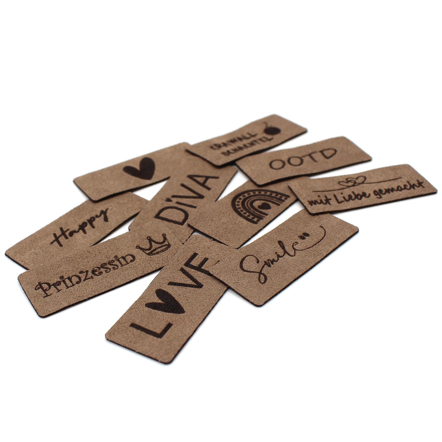 VmG-Store 10 x labels om op te naaien, stoffen etiketten in suède-look, labels voor kleding en applicatie (met liefde gemaakt (set ES13), set van 10