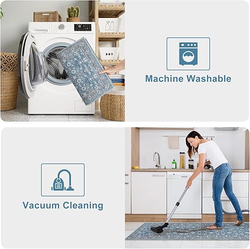 Miniatura 4 de KIMODE Juego de 3 alfombras de cocina, alfombras de cocina bohemias florales antideslizantes, lavables, 20 x 32 pulgadas + 20 x 47 pulgadas + 20 x