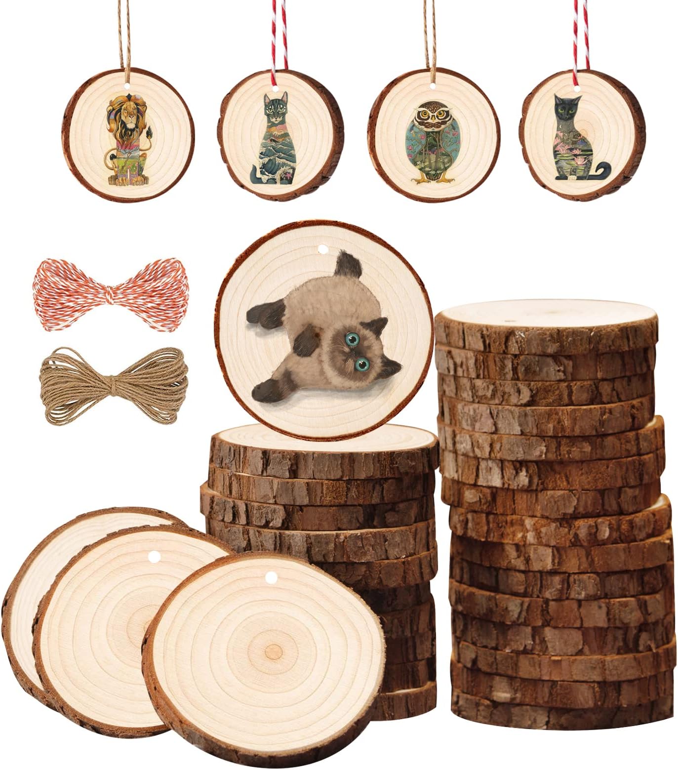 FEZZIA Natural Wood Slices, 30PCS Pre-drilled Unfinished Round Wood Circles kit for Christmas Ornaments Decorations, Arts Wood Slices, DIY Crafts (2.8"-3.1")