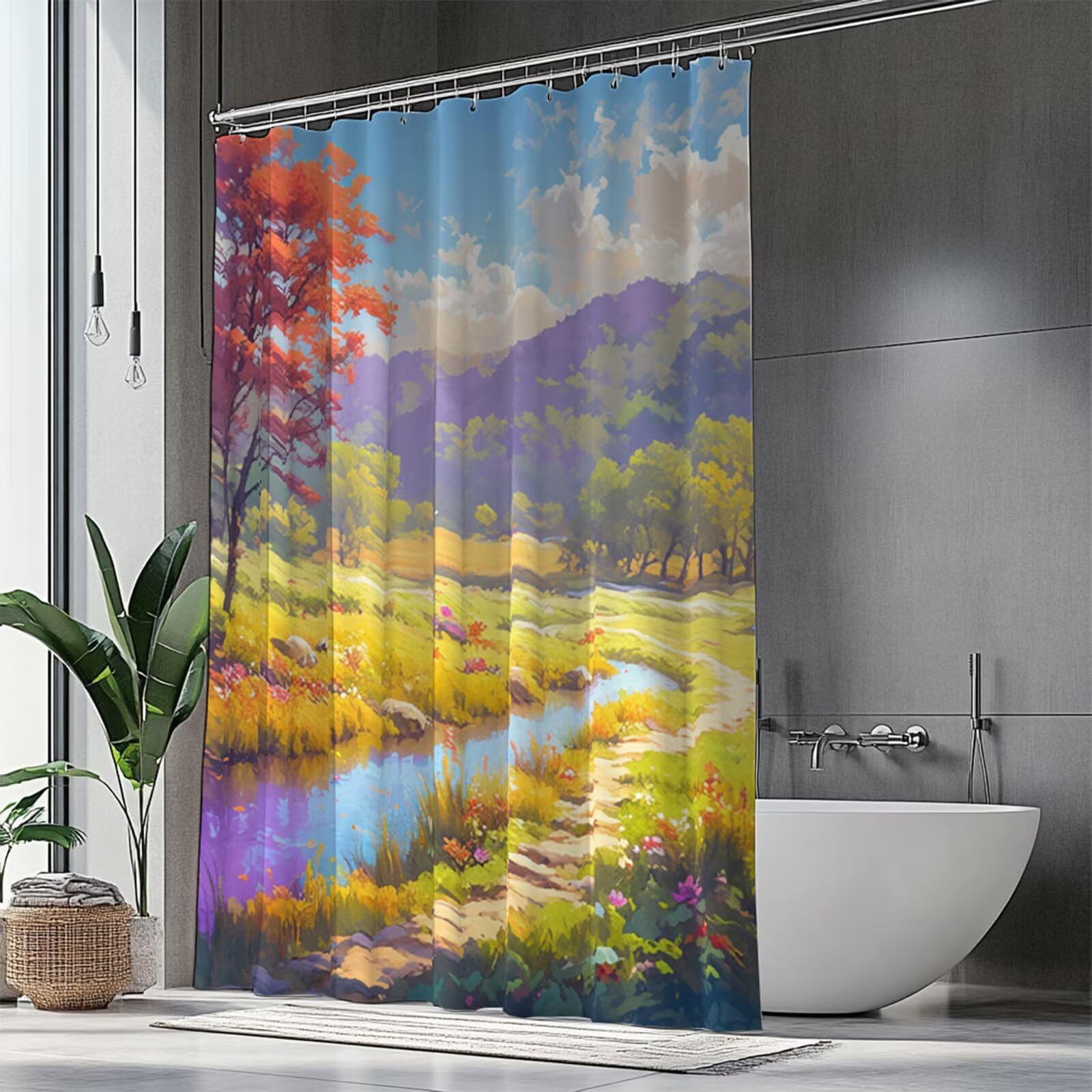 Rideau de douche paysage résistant à l'humidité avec œillets solides pour baignoire H1-958
