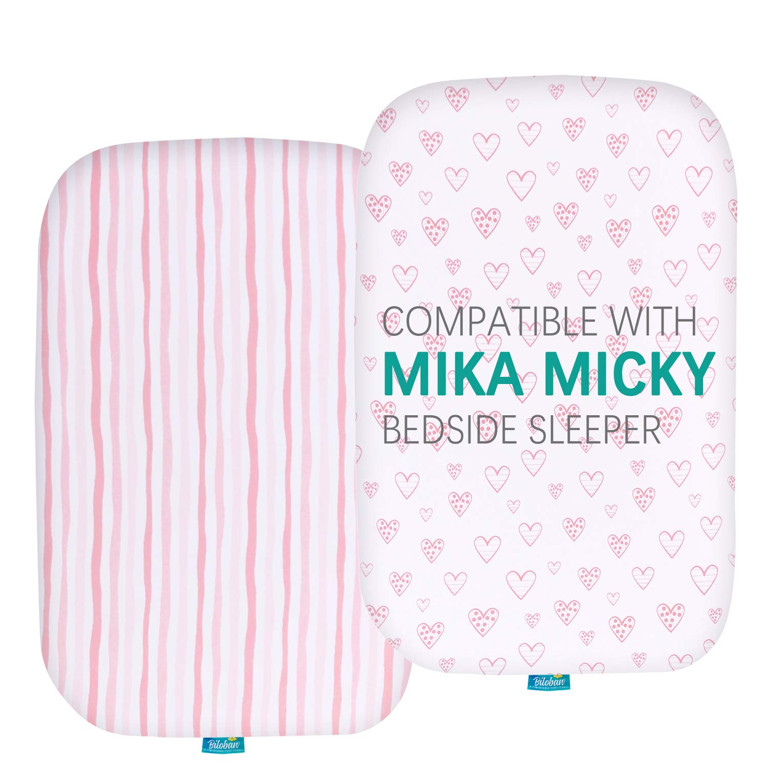 Bassinet Sheets Compatible with BIERUM Baby Bassinet Bedside Sleeper and Mika Micky Bedside Sleeper, (2 Pack), 100% Jersey Knit Cotton Fitted Sheets, Mild Pink Stripes and Hearts Print for Baby Girls