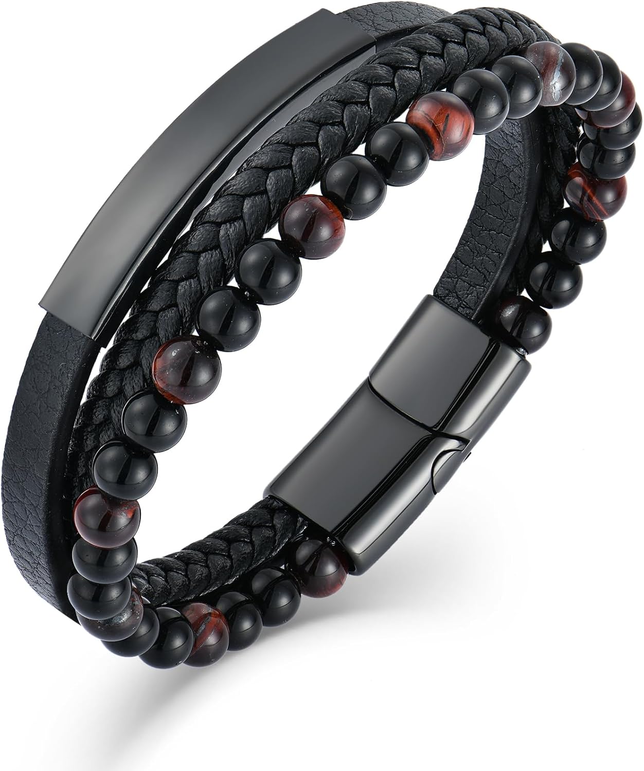 Mens Tiger Eye Matee Black Onyx Lava Rock Volcanic Stone Beaded Bracelet, Black Braided Leather Bracelet for Men