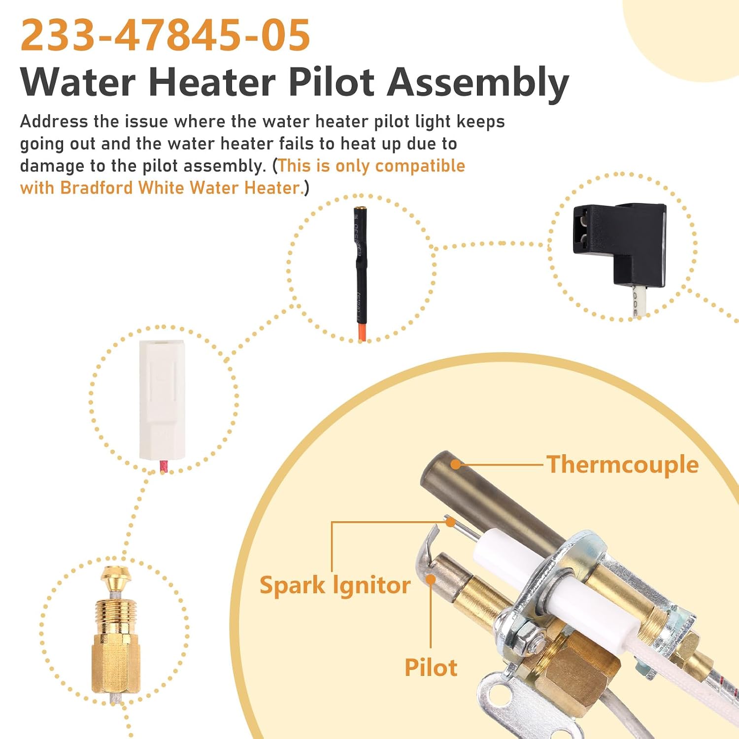 233-47845-05 Water Heater Pilot Assembly Fit for Bradford White Water Heater, Thermocouple for Bradford White, Replace for 415-47845-05, 233-47845-02A, 233-47845-03 Pilot Assembly