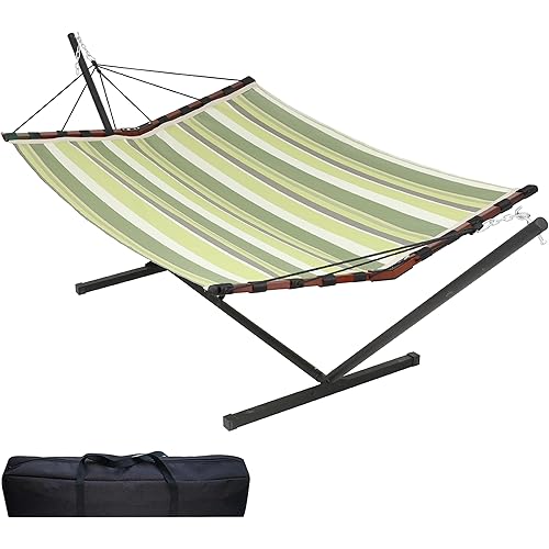 12FT 2 Person Hammock with Stand Included 55 x 79IN Large Hammock Quick Dry 450LB Capacity with V Shaped Hardwood Spreader Bar & Nylon Rope for Outside, Patio, Garden - Tender Green Stripes