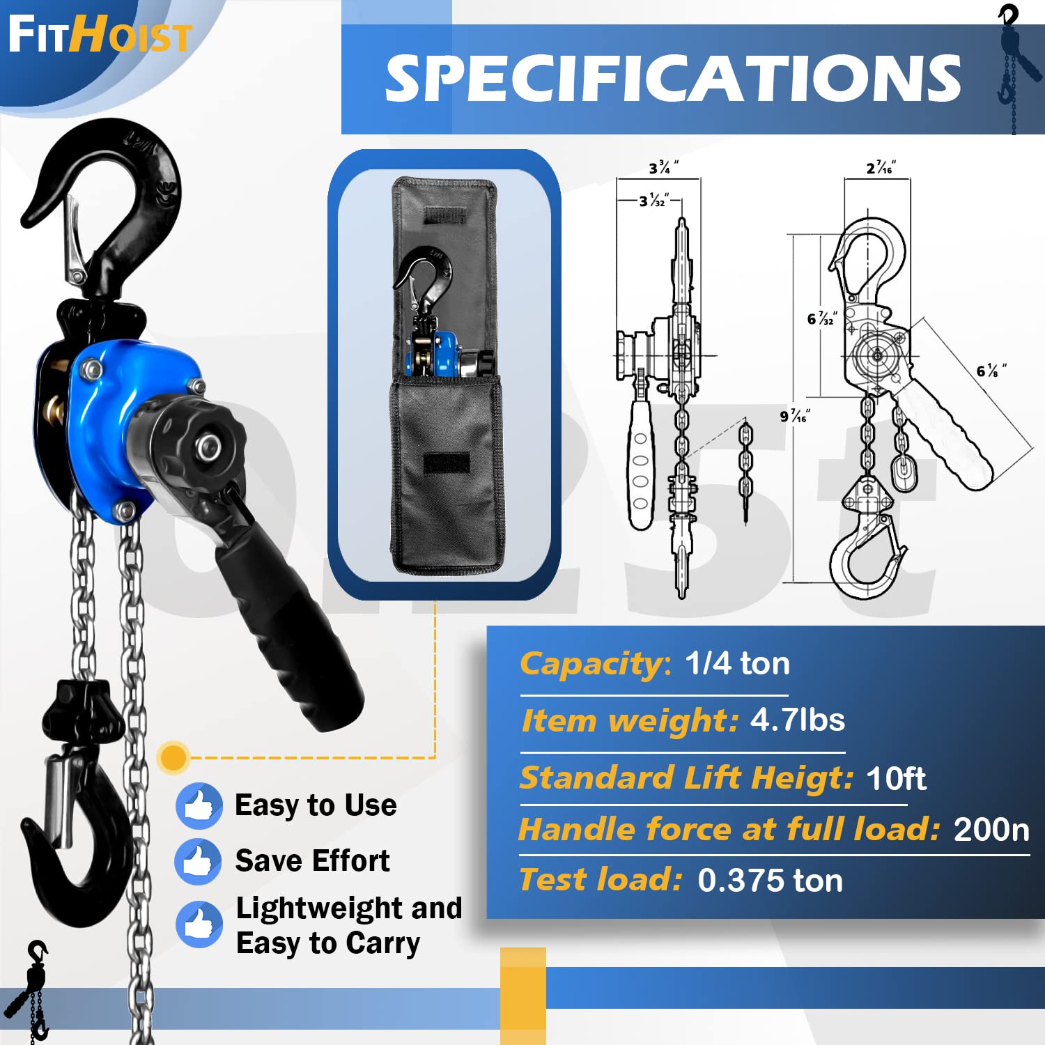 Paranco a catena da 1/4 tonnellate (confezione da 2) Capacità 250 kg Sollevamento 3 m Piccolo Vieni Lungo Catena G80 2 ganci resistenti, Sollevatore manuale a catena a leva per garage