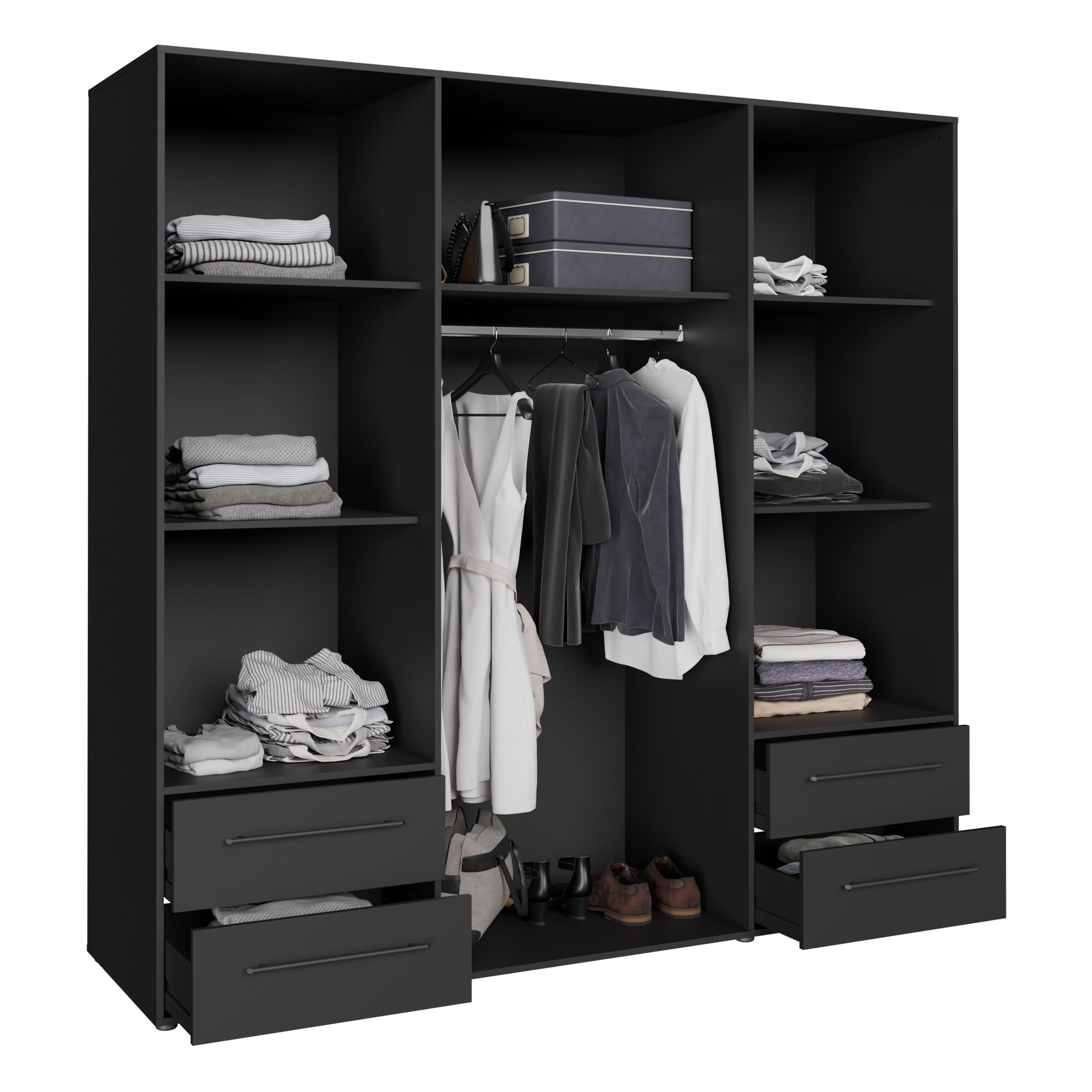 Forte Jupiter 200 210 - Armadio a 4 ante a 4 ante con 4 cassetti, in legno, colore nero opaco, larghezza 205,9 cm, altezza 200,1 cm, profondità 58,8 cm
